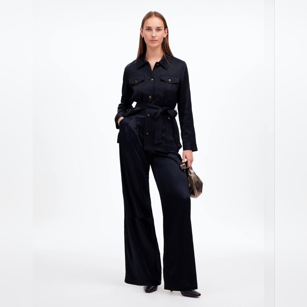 NEW Madewell The Harper Super Wide Leg Black Stretch Satin Trousers